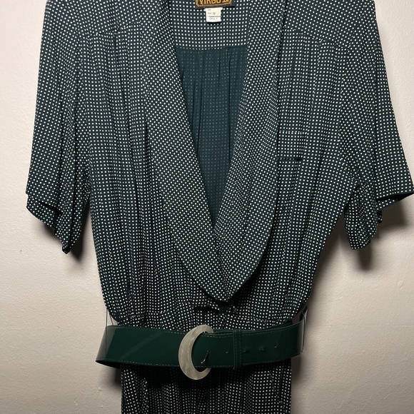 Vintage 90s Virgo II Green White Patterned Pantsuit Jumper With Belt Women's 10 - Picture 2 of 7